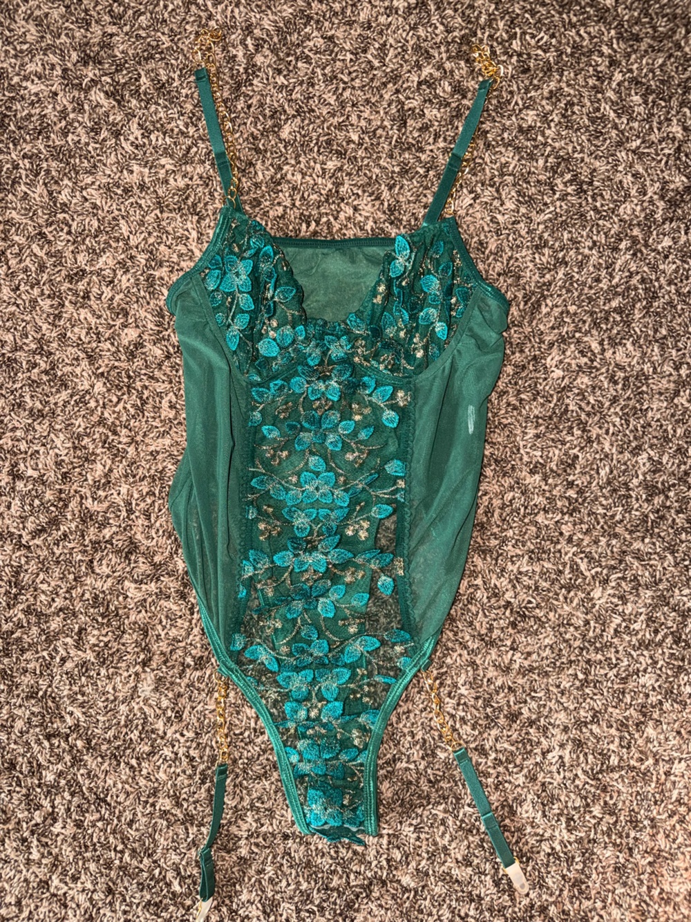 Gorgeous Emerald Green & Gold Lace Bodysuit Lingerie Teddy